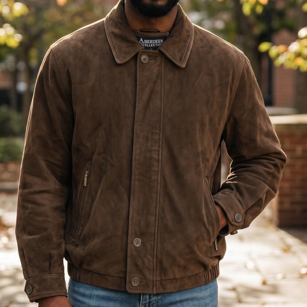 Aberdeen Collection Vintage Coat Mens Size Large Faux Brown Suede Zipper Jacket